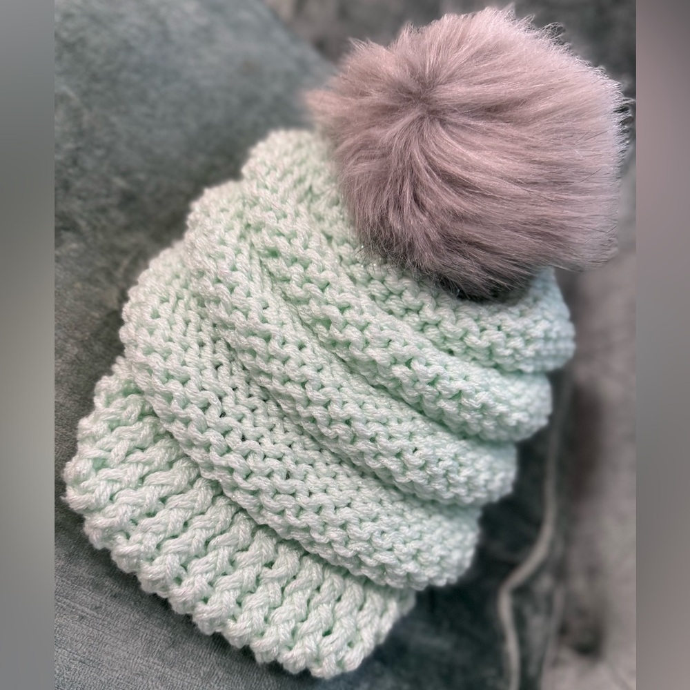 Handmade Hand Crafted Knit Slouchy Hat with visor adult/teen sparkly mint green